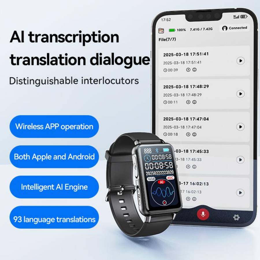 S18A 1.47-inch Screen AI Dialogue Translation Voice Recording Bracelet Support AIREC-APP, Memory:...