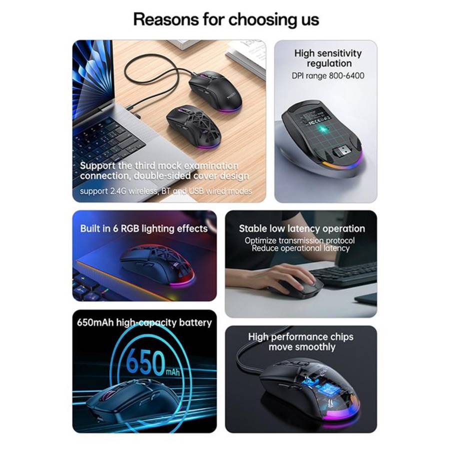 Yesido KB46 Wired 2.4G Bluetooth RGB 3 Modes Rechargeable Mouse(Black)