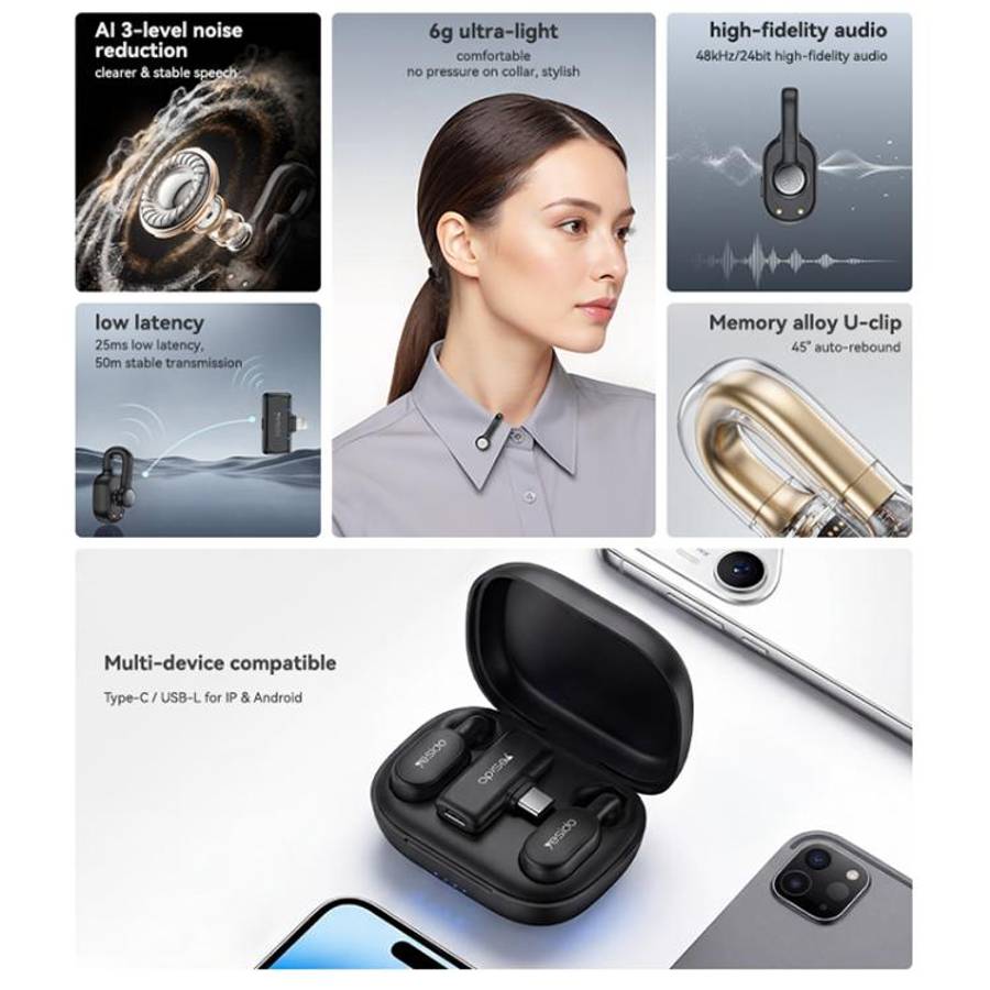 Yesido KR25 AI Noise Reduction Lavalier Microphone with Type-C Receiver(Black)