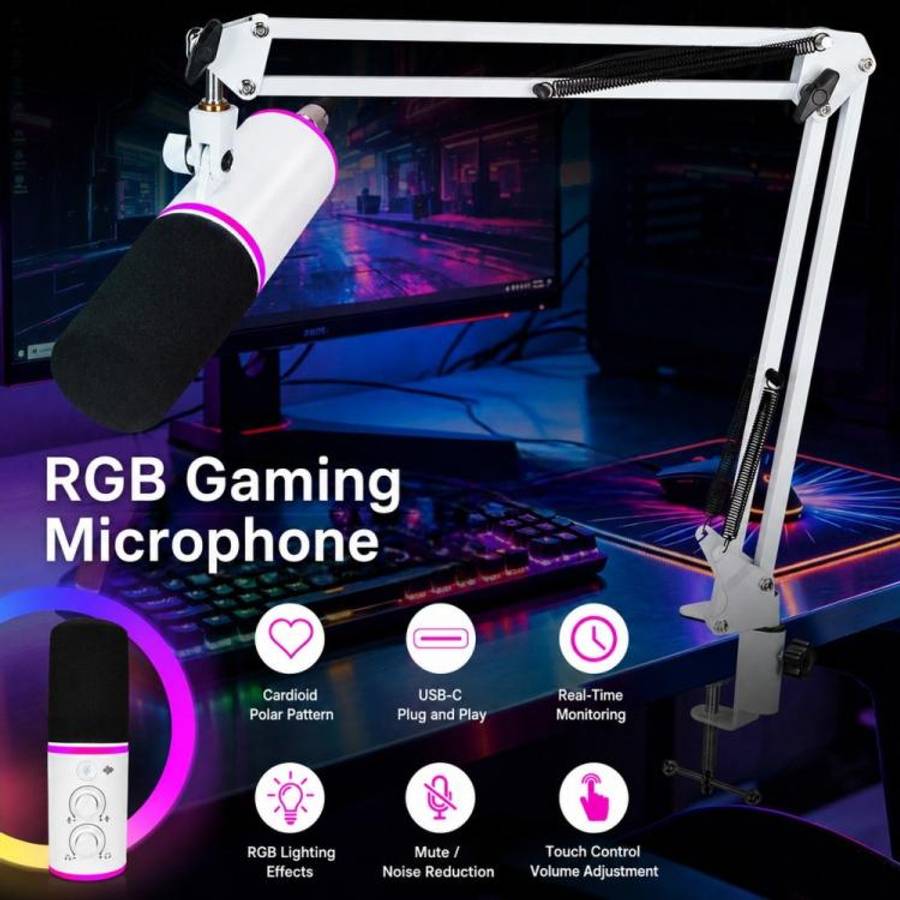 XTUGA GV6 Condenser RGB Gaming Desktop Microphone for Live Streaming and Recording(White)