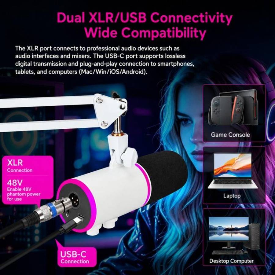 XTUGA GV6 Condenser RGB Gaming Desktop Microphone for Live Streaming and Recording(White)