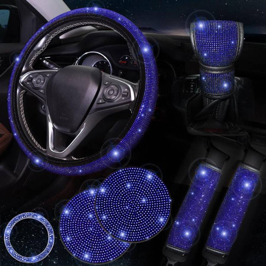 7 in 1 Set Car Diamond Studded Steering Wheel Cover, Diameter: 38cm(Blue)