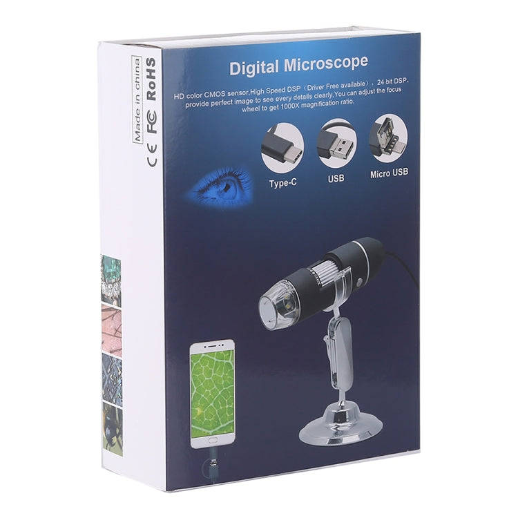 1600X Magnifier HD Image Sensor 3 in 1 USB Digital Microscope with 8 LED & Professional Stand (Grey)