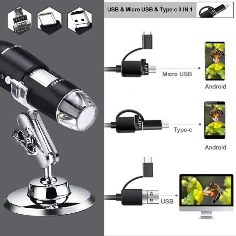 1600X Magnifier HD Image Sensor 3 in 1 USB Digital Microscope with 8 LED & Professional Stand (Grey)