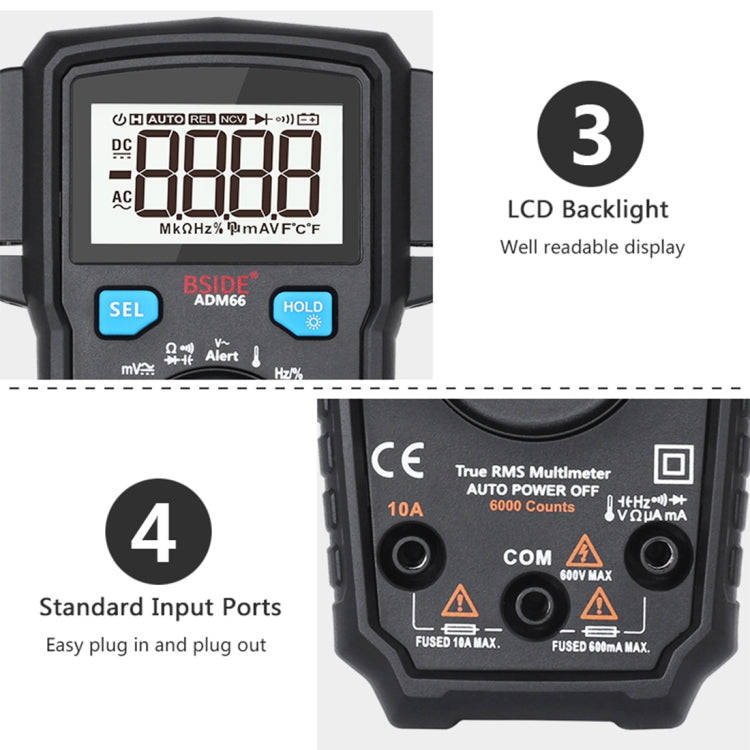 BSIDE ADM66 Handheld Household 6000 Count AC / DC Current Voltage Capacitor Automatic Range Multi...