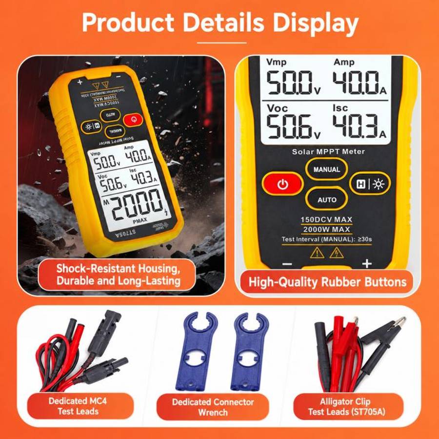 SMART SENSOR ST705 1000W Solar Panel Tester Meter MPPT Photovoltaic Multimeter (Yellow)