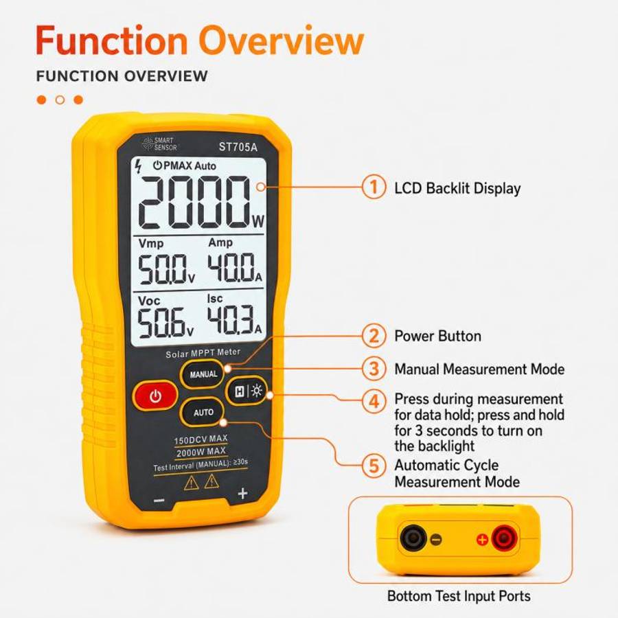 SMART SENSOR ST705A 2000W Solar Panel Tester Meter MPPT Photovoltaic Multimeter (Yellow)