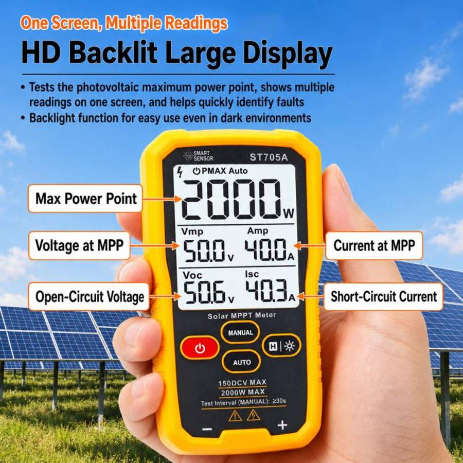 SMART SENSOR ST705A 2000W Solar Panel Tester Meter MPPT Photovoltaic Multimeter (Yellow)