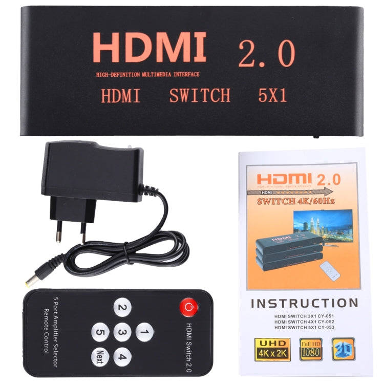 5X1 4K/60Hz HDMI 2.0 Switch with Remote Control, EU Plug