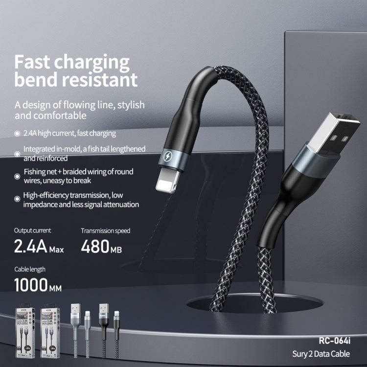 REMAX RC-064i Sury 2 Series 1m 2.4A USB to 8 Pin Data Cable for iPhone, iPad(Black)
