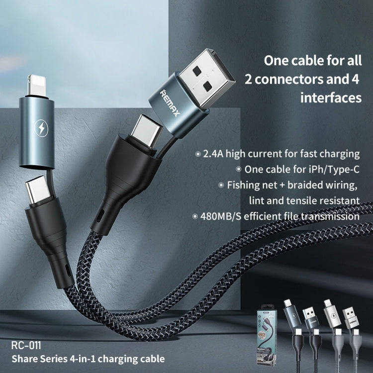 REMAX RC-011 1.2m 2.4A 4-in-1 USB to USB-C / Type-Cx2 + 8 Pin Fast Charging Data Cable(Black)