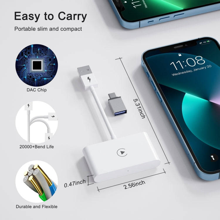 USB + USB-C / Type-C Wired to Wireless Carplay Adapter for iPhone(White)