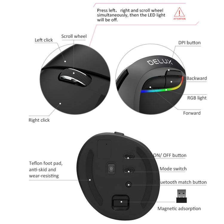 DELUX M618 Mini 2.4G Wireless 2400DPI USB Rechargeable Ergonomic Vertical Mouse(Grey)