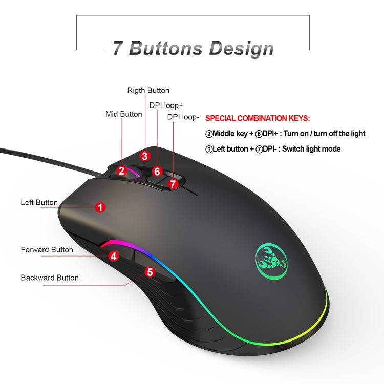 HXSJ A867 USB 6400DPI Four-speed Adjustable RGB Illuminate Wired E-sport Gaming Mouse, Length: 1.5m