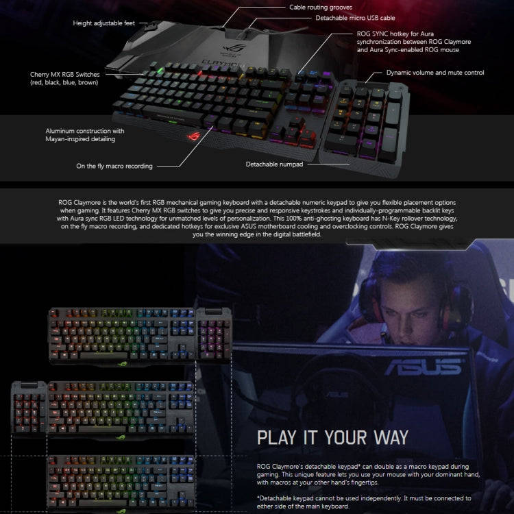 ASUS Claymore USB 2.0 RGB Backlight Detachable Wired Mechanical Black Switch Gaming Keyboard with...