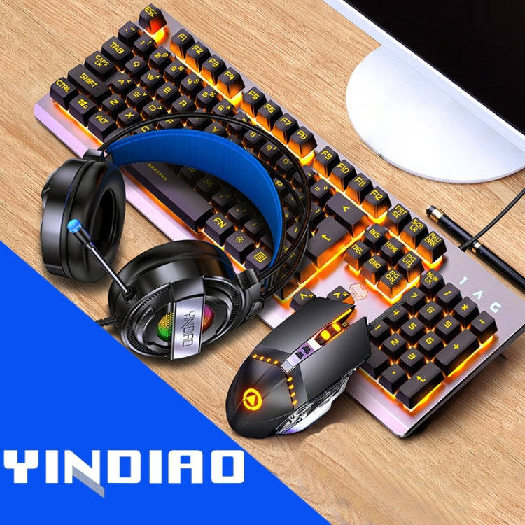 YINDIAO K002 USB Wired Mechanical Feel Orange Backlight Keyboard + Optical Mouse + Headset Set(Bl...
