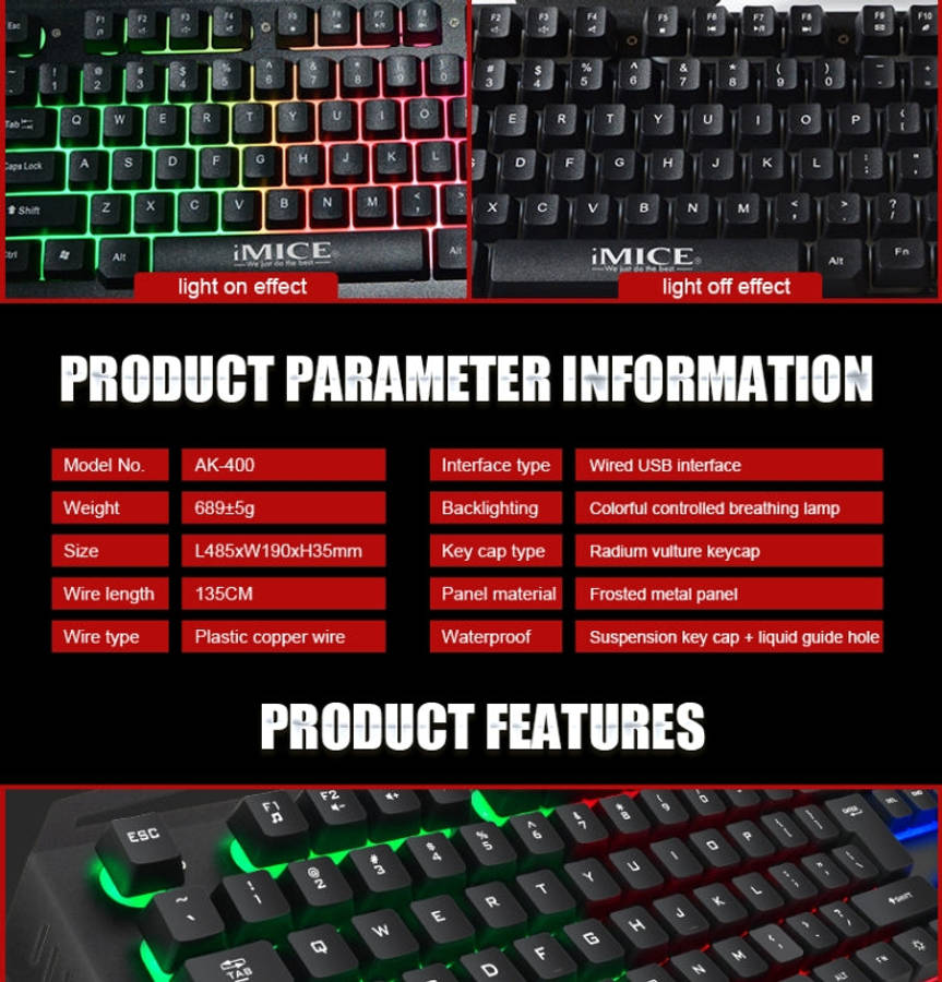 iMICE AK-400 USB Interface 104 Keys Wired Colorful Backlight Gaming Keyboard for Computer PC Lapt...