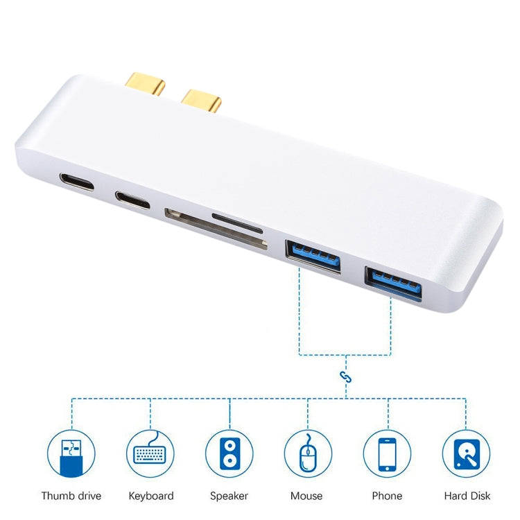 6 in 1 Multi-function Aluminium Alloy 5Gbps Transfer Rate Dual USB-C / Type-C HUB Adapter with 2 ...
