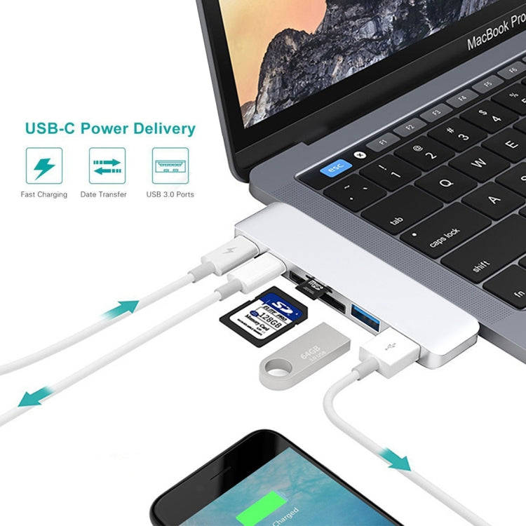 6 in 1 Multi-function Aluminium Alloy 5Gbps Transfer Rate Dual USB-C / Type-C HUB Adapter with 2 ...