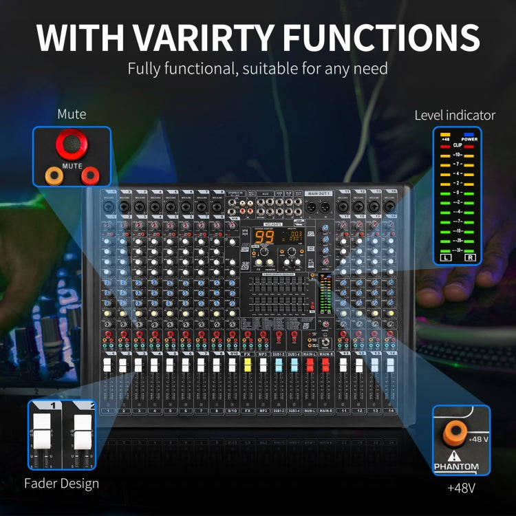XTUGA B1404FX 14 Channels Bluetooth Audio Mixer Digital DJ Controller Sound Mixing Console (US Plug)