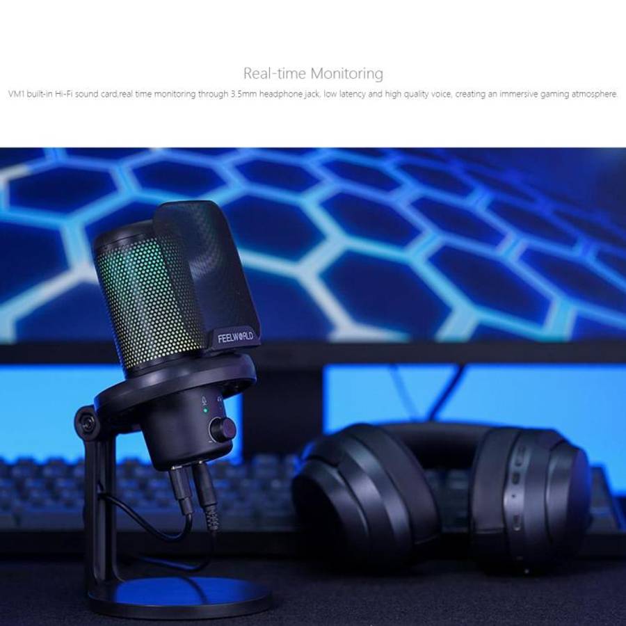 FEELWORLD VM1-XS USB Condenser Gaming Microphone for Streaming Noise Cancellation Mute RGB Light ...