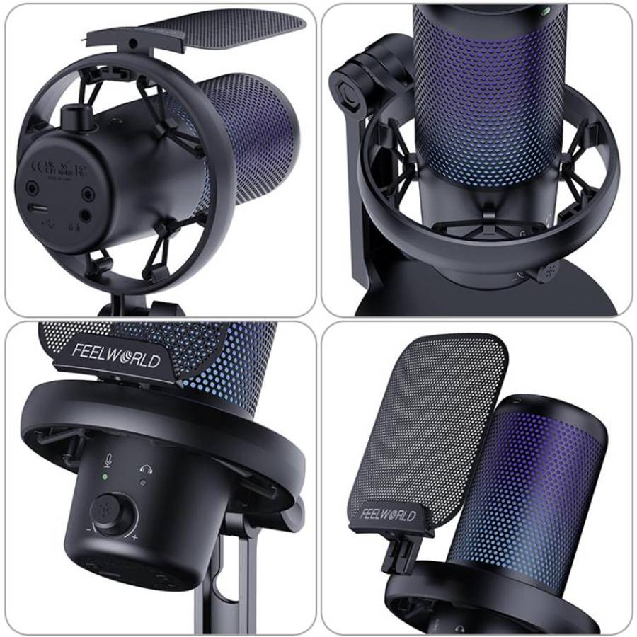 FEELWORLD VM1-XS USB Condenser Gaming Microphone for Streaming Noise Cancellation Mute RGB Light ...