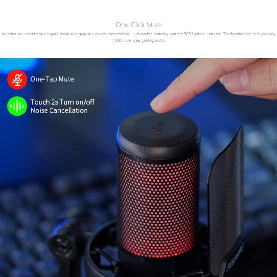 FEELWORLD VM1-XS USB Condenser Gaming Microphone for Streaming Noise Cancellation Mute RGB Light ...