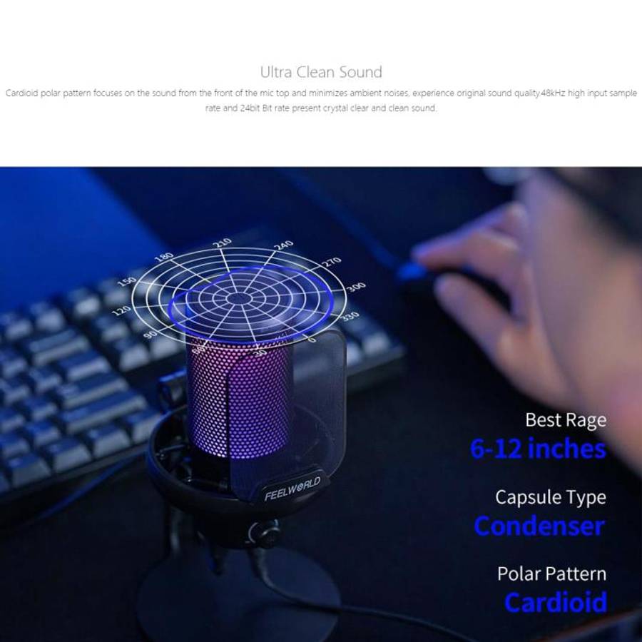 FEELWORLD VM1-XS USB Condenser Gaming Microphone for Streaming Noise Cancellation Mute RGB Light ...