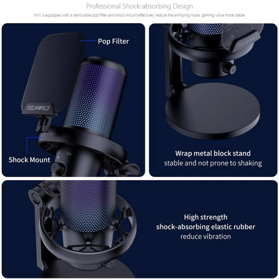 FEELWORLD VM1-XS USB Condenser Gaming Microphone for Streaming Noise Cancellation Mute RGB Light ...