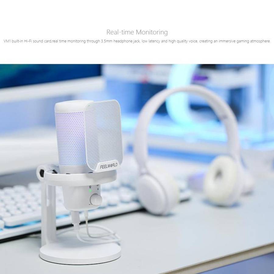 FEELWORLD VM1-XS USB Condenser Gaming Microphone for Streaming Noise Cancellation Mute RGB Light ...