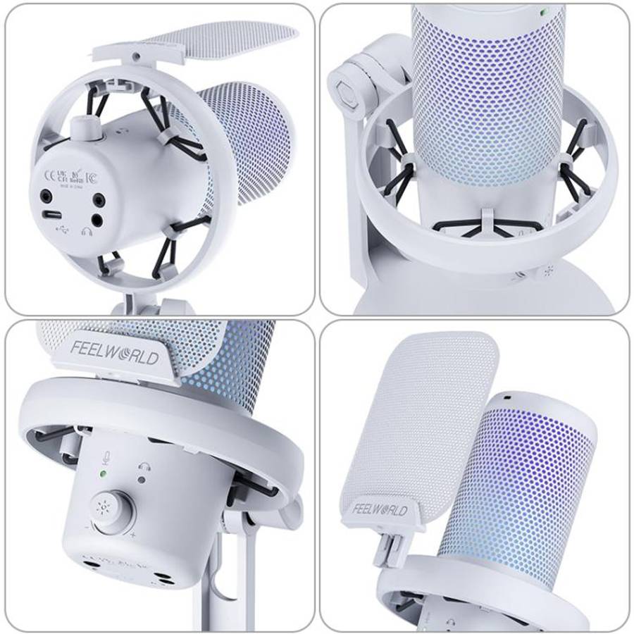 FEELWORLD VM1-XS USB Condenser Gaming Microphone for Streaming Noise Cancellation Mute RGB Light ...