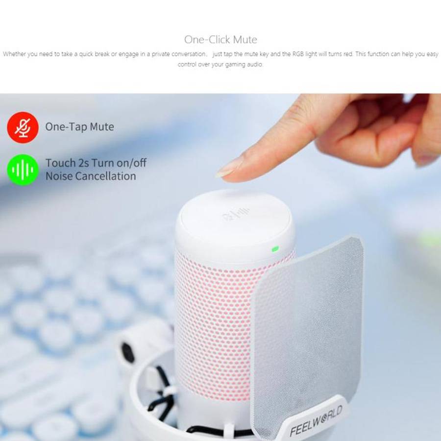 FEELWORLD VM1-XS USB Condenser Gaming Microphone for Streaming Noise Cancellation Mute RGB Light ...