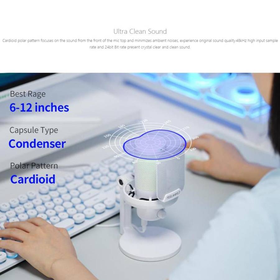 FEELWORLD VM1-XS USB Condenser Gaming Microphone for Streaming Noise Cancellation Mute RGB Light ...