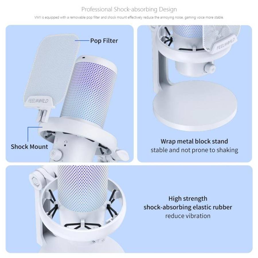 FEELWORLD VM1-XS USB Condenser Gaming Microphone for Streaming Noise Cancellation Mute RGB Light ...