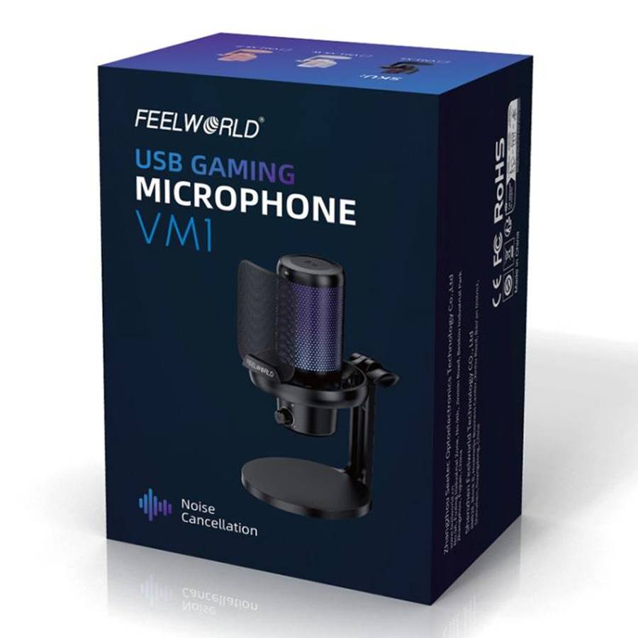 FEELWORLD VM1-XS USB Condenser Gaming Microphone for Streaming Noise Cancellation Mute RGB Light ...