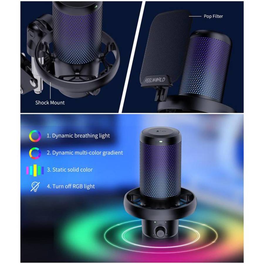 FEELWORLD VM1 USB Condenser Gaming Microphone for Streaming Noise Cancellation Mute RGB Light Boo...