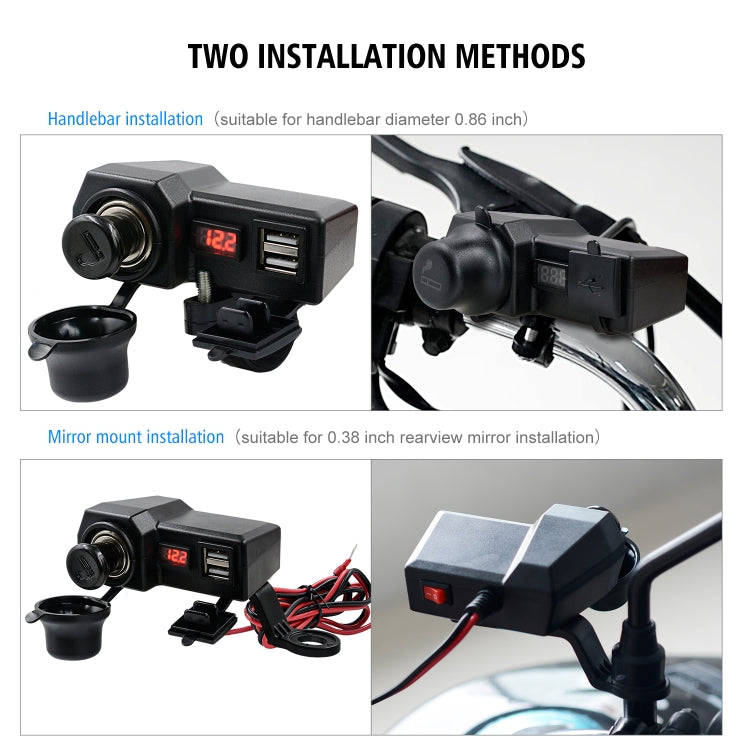 CS-1072B1 Motorcycle Dual USB Charger + Voltmeter with Cigarette Lighter & Cigarette Butts (Black)