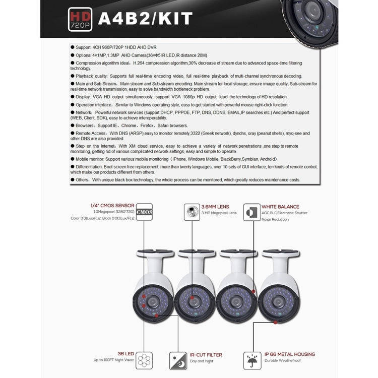 A4B2 4Ch Bullet IP Camera NVR Kit, Support Night Vision / Motion Detection, IR Distance: 20m