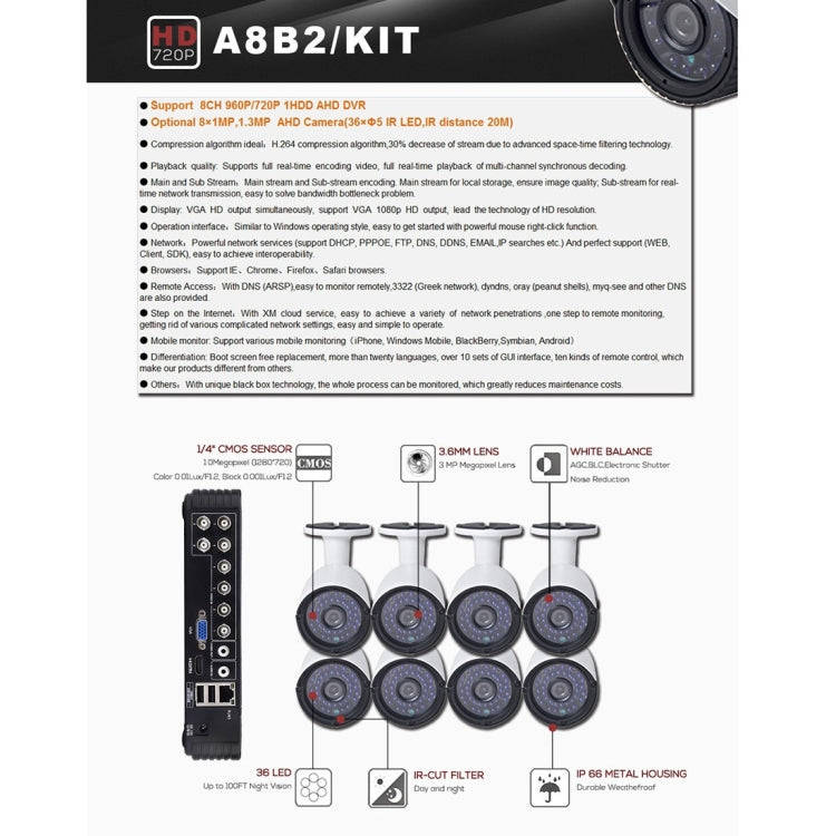 A8B2 8Ch Bullet IP Camera NVR Kit, Support Night Vision / Motion Detection, IR Distance: 20m