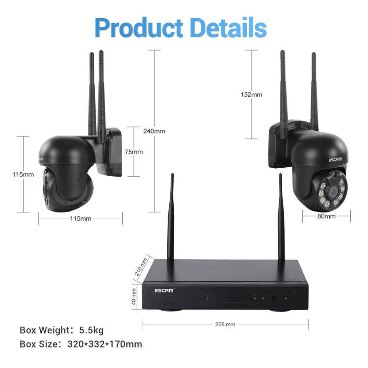 ESCAM WNK618 3.0 Million Pixels 8-channel Wireless Dome Camera HD NVR Security System, Support Mo...