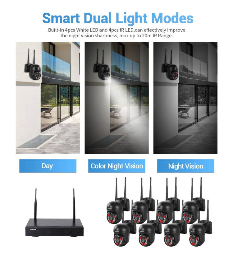 ESCAM WNK618 3.0 Million Pixels 8-channel Wireless Dome Camera HD NVR Security System, Support Mo...