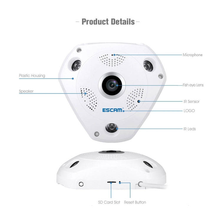 ESCAM Shark QP180 960P 360 Degrees Fisheye Lens 1.3MP WiFi IP Camera, Support Motion Detection / ...