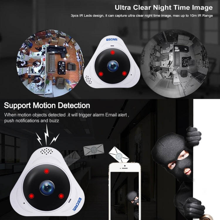ESCAM Q8 960P 360 Degrees Fisheye Lens 1.3MP WiFi IP Camera, Support Motion Detection / Night Vis...