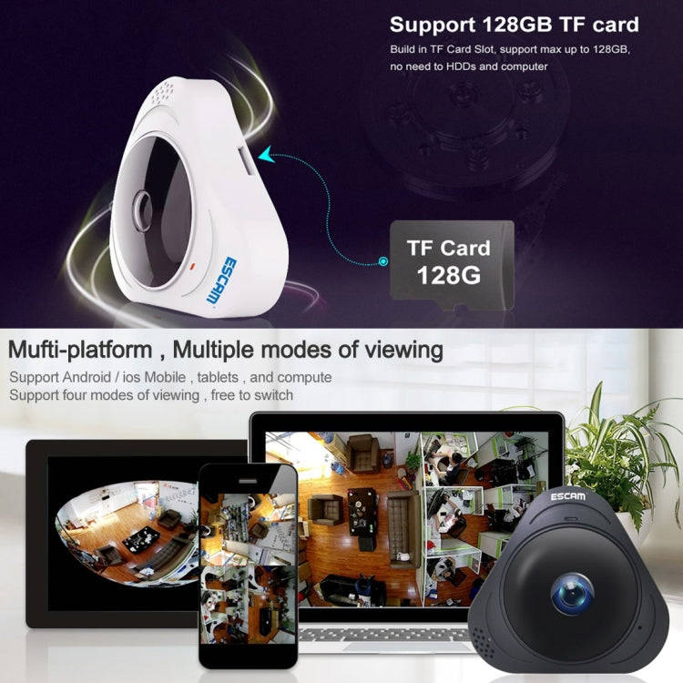 ESCAM Q8 960P 360 Degrees Fisheye Lens 1.3MP WiFi IP Camera, Support Motion Detection / Night Vis...