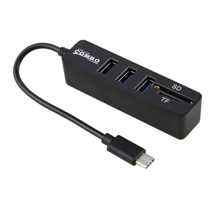 2 in 1 TF & SD Card Reader + 3 x USB Ports to USB-C / Type-C HUB Converter, Total Length: 24cm(Bl...
