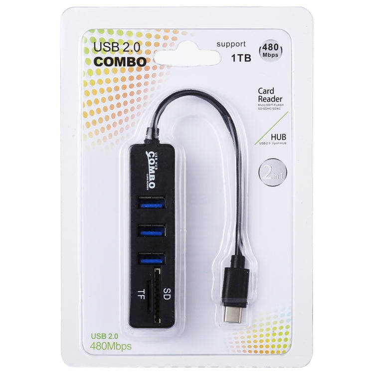 2 in 1 TF & SD Card Reader + 3 x USB Ports to USB-C / Type-C HUB Converter, Total Length: 24cm(Bl...