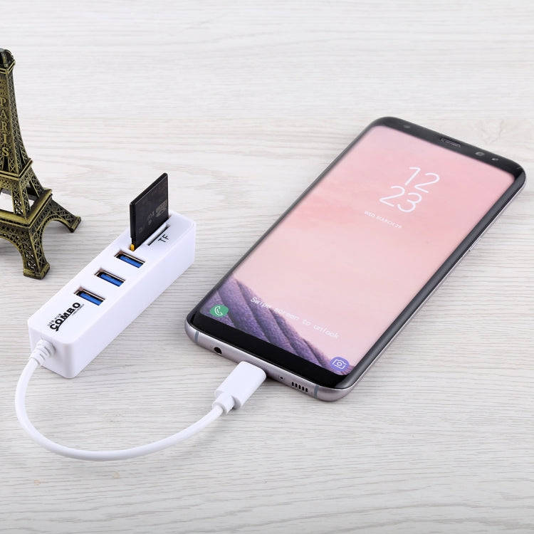 2 in 1 TF & SD Card Reader + 3 x USB Ports to USB-C / Type-C HUB Converter, Total Length: 24cm(Wh...