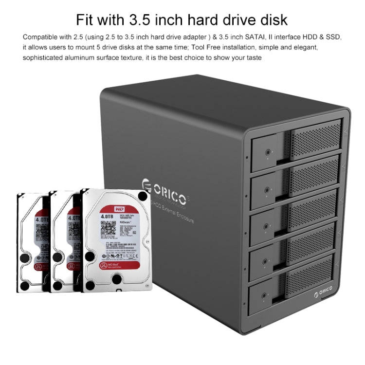ORICO 9558RU3 5-bay USB 3.0 Type-B Aluminum 3.5 inch SATA HDD Enclosure Storage Hard Disk Box, Su...