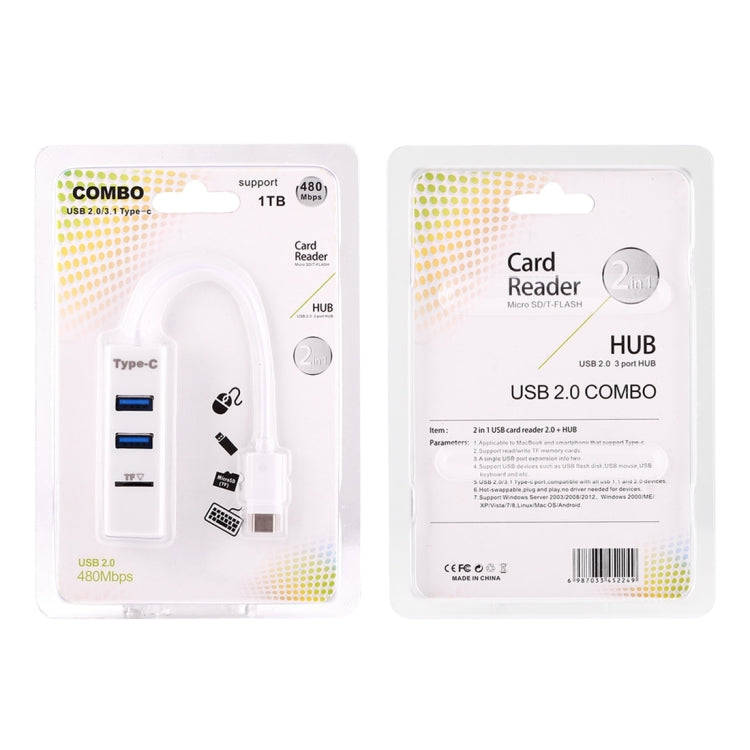 2 in 1 USB-C / Type-C 3.1 to USB 2.0 COMBO 3 Ports HUB + TF Card Reader(White)