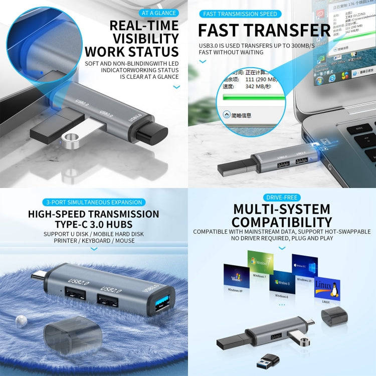 3 Ports USB 2.0 x 2 + USB 3.0 to USB-C / Type-C HUB Adapter